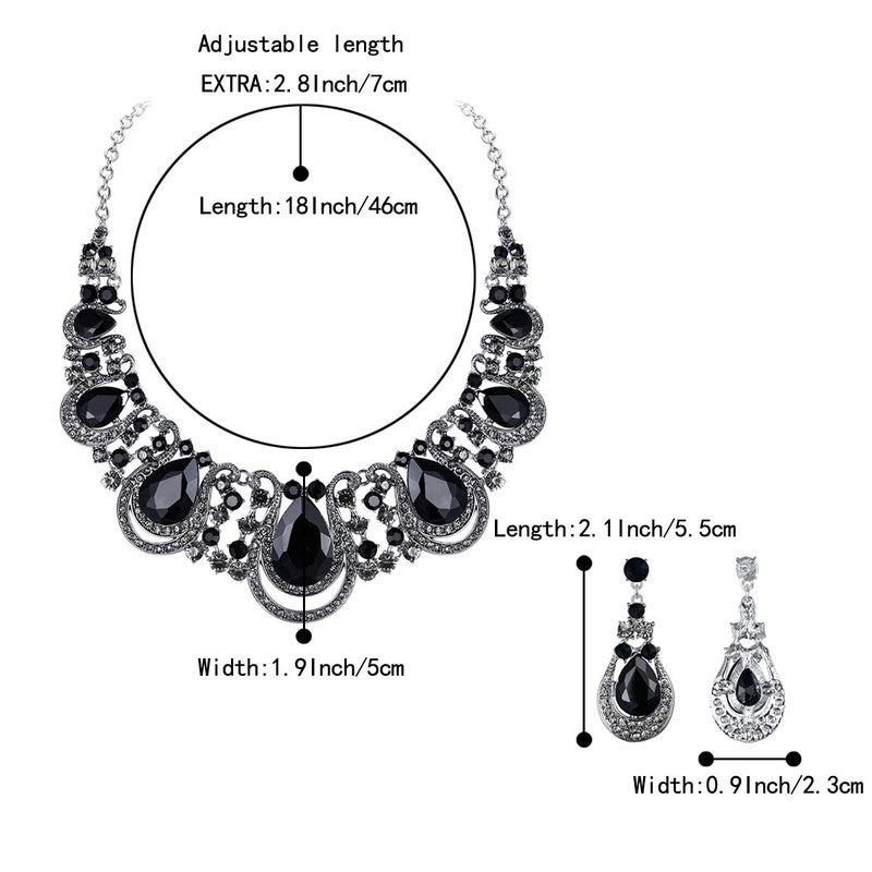 BriLove Costume Fashion Jewelry Set for Women Crystal Teardrop Hollow Scroll Statement Necklace Dangle Earrings Black Silver-Tone - Image 3